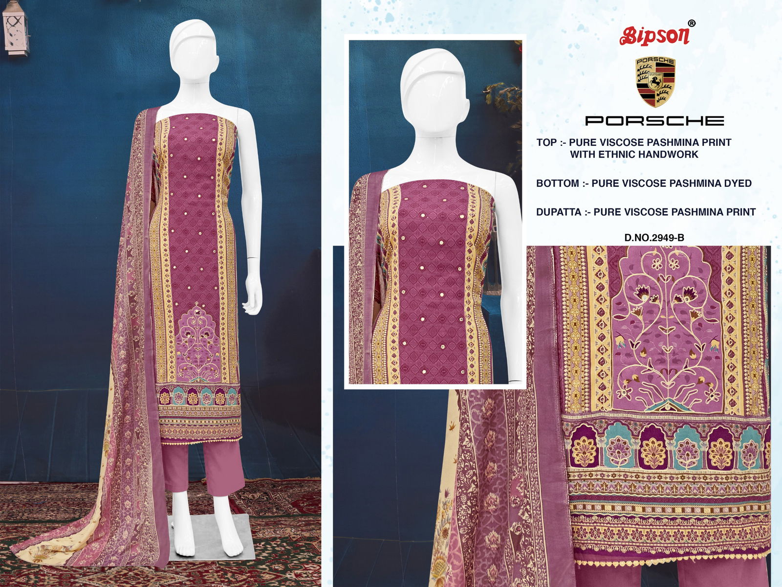 Porsche 2949 By Bipson Pashmina Printed Dress Material Wholesale Shop In Surat
